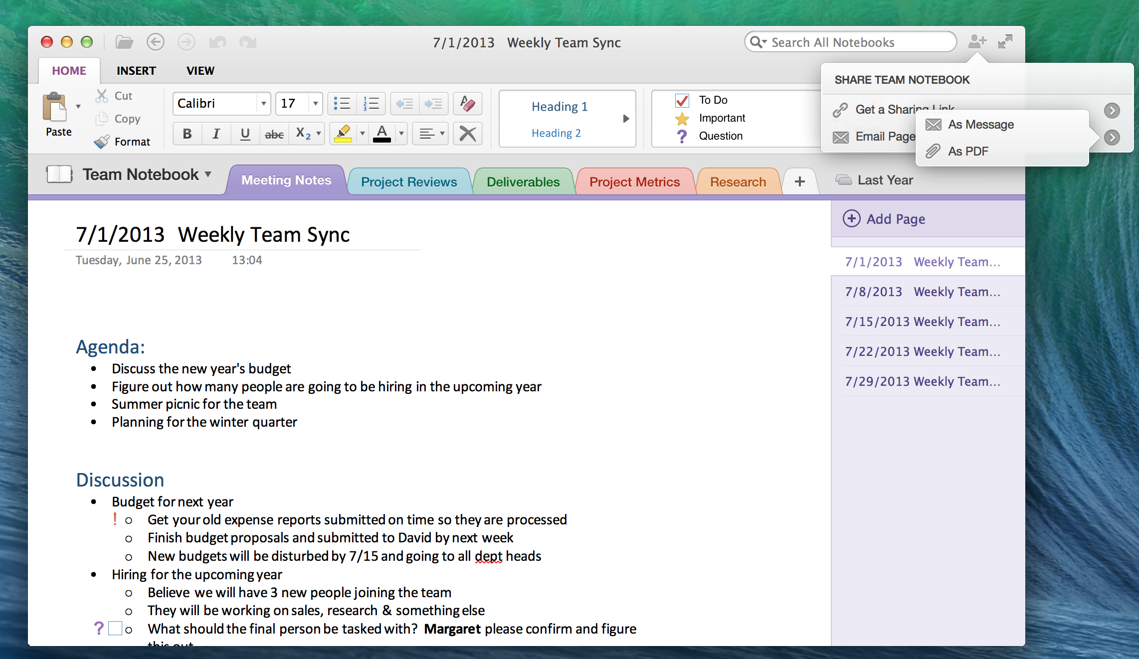 onenote for mac email